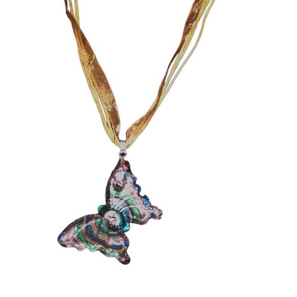 Iridescent glass butterfly pendant necklace pink blue green metallic cords - Picture 1 of 6